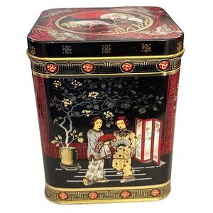 Vintage Chinoiserie Metal Tin Made in England Black Gold Crane Hinged Lid Box